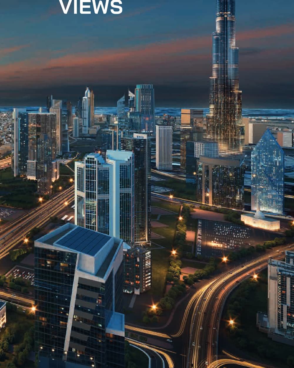 Bayz 102 tower lit up at night in Business Bay